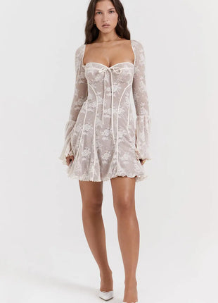 Neck Patchwork Long Sleeve Mini Dress