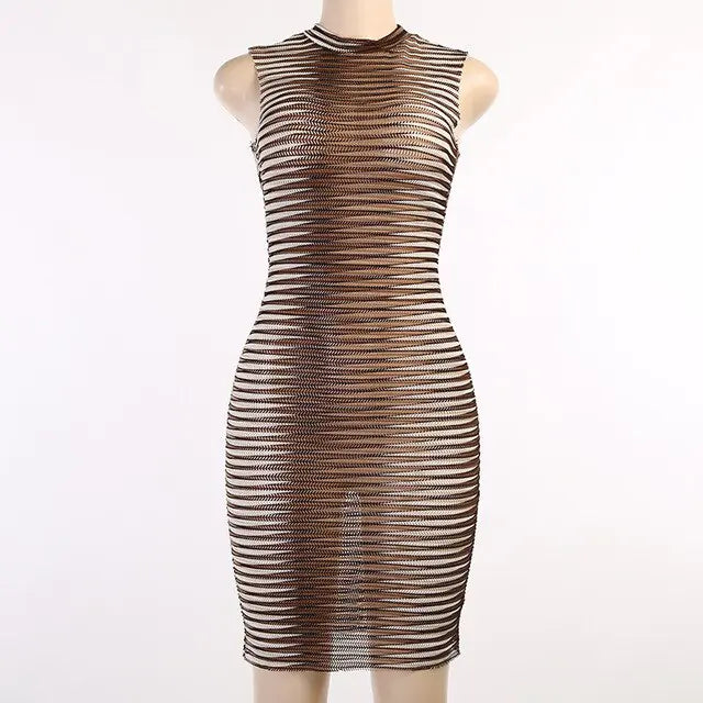 sheer micro dress Sheer Embellished Scoop Neck Mini Dress in Honey - 2