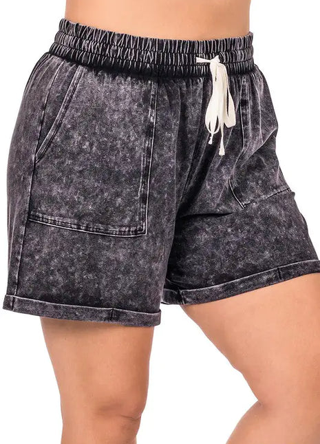 PLUS SIZE Mineral Wash Drawstring Cuffed Shorts - 01 big store