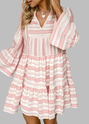 Printed V-neck Flared Long-sleeved Patchwork Casual Full-length Dress - 01 big store