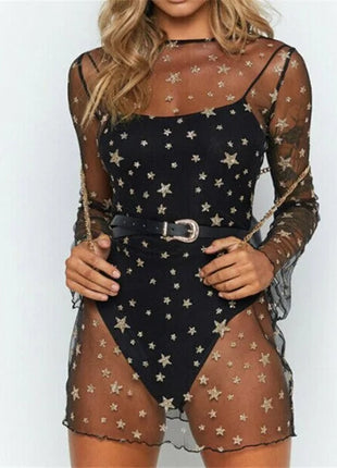 Mesh O-Neck Long Sleeve Mini Dress