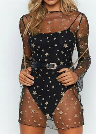 Mesh O-Neck Long Sleeve Mini Dress