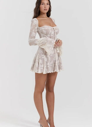 Neck Patchwork Long Sleeve Mini Dress