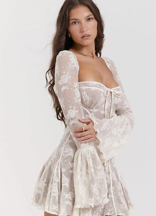 Neck Patchwork Long Sleeve Mini Dress