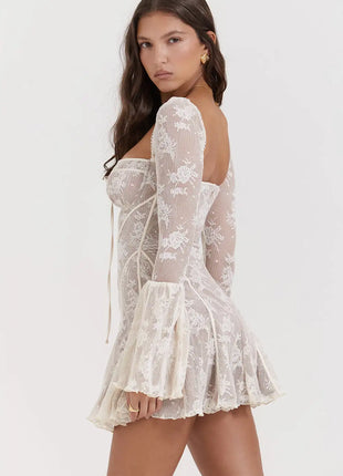 Neck Patchwork Long Sleeve Mini Dress